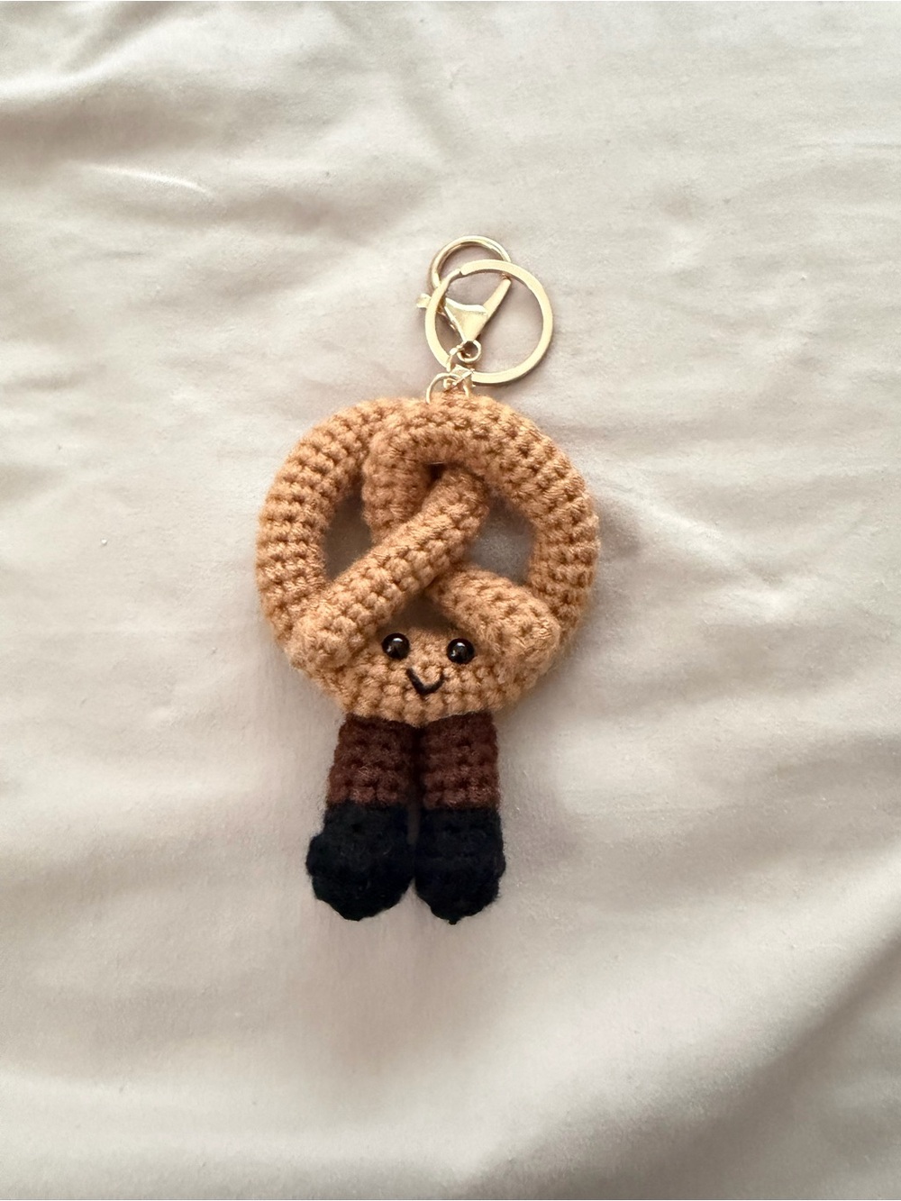Crochet Pretzel Keychain in Tan and Brown (handmade)